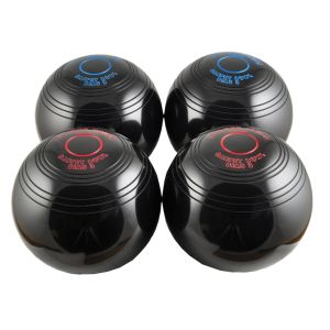 Drakes Pride Biased Carpet Bowls: Black with Blue and Red Rings